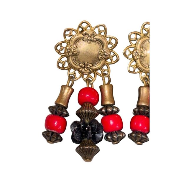 Vtg Goldtoned Metal Earrings w Multicolor Dangling Beads, Retro Statement - Picture 3 of 4